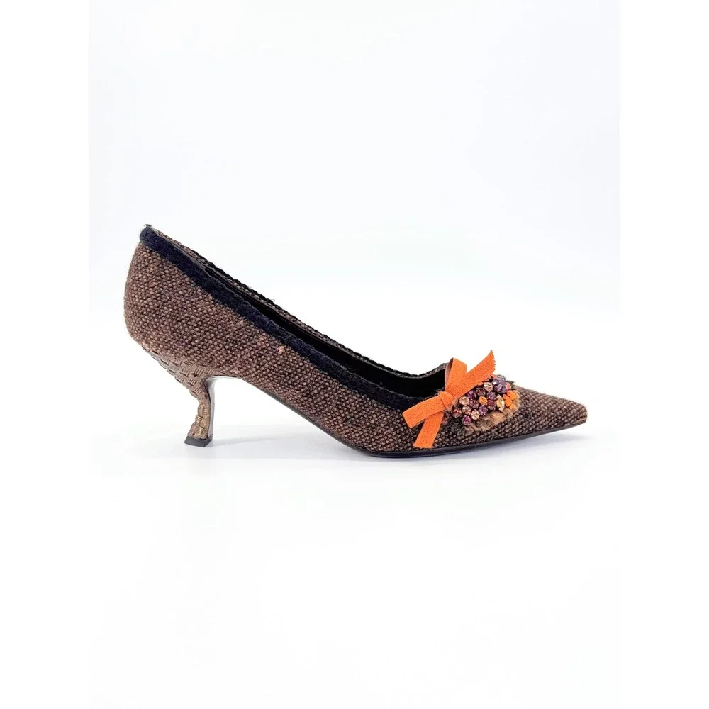 Prada Brown Wool Tweed Kitten Heel Pumps IT 37 US 7 Crystal Bow Pointed Toe - Picture 1 of 12